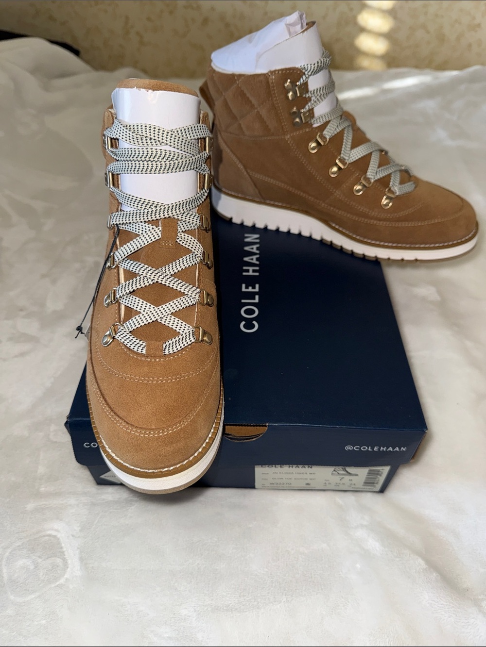 Cole Haan Tan Suede Lace-Up Booties with Contrast White Collar